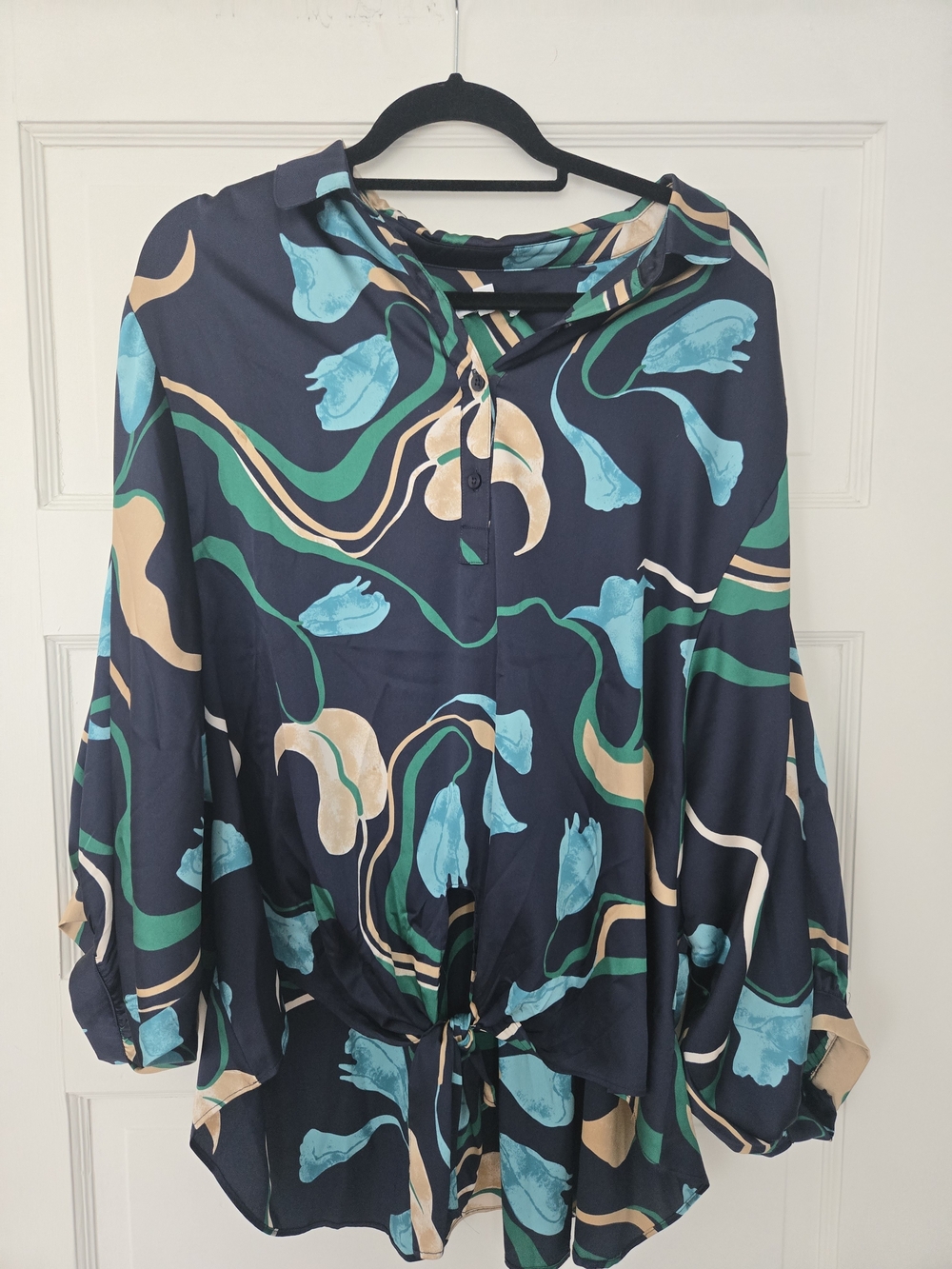 Chico's Navy Floral Tie-Front Blouse with Teal & Beige Accents
